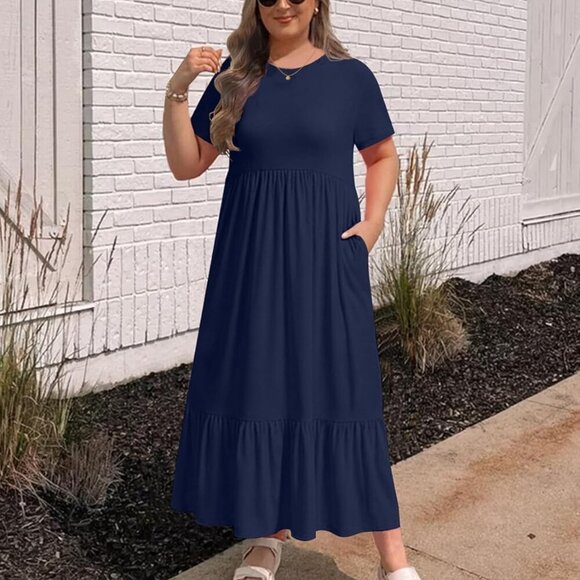 Plus Size Maxi Dress Casual Short Sleeve Tiered Flowing Pockets for Women - Picture 5 of 5